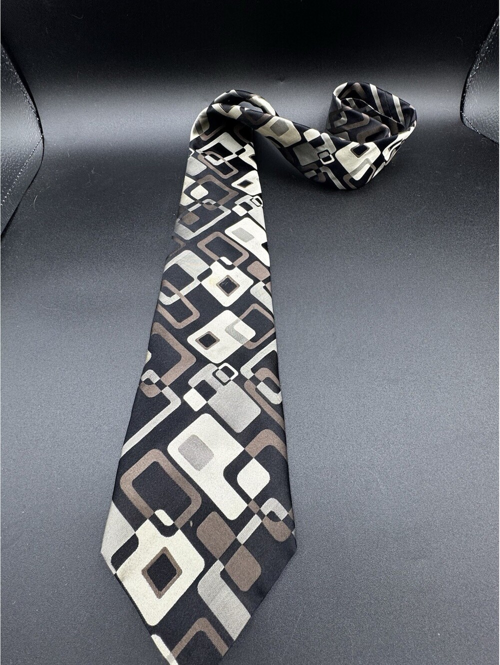Murano 100% Silk Tie Black Brown Cream Geometric Mod Retro Necktie